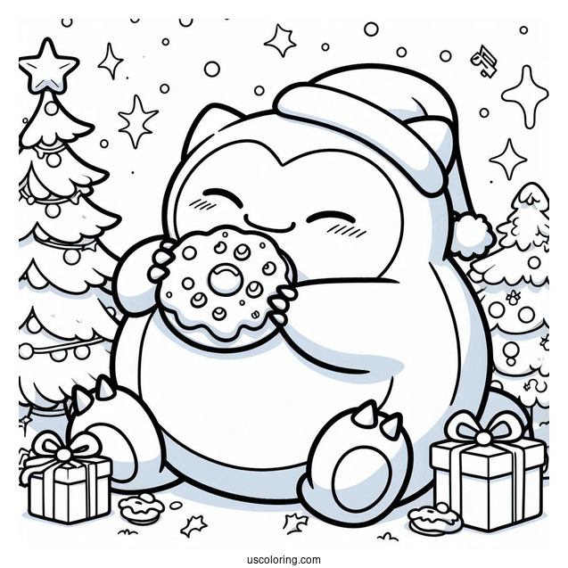 Pokemon Christmas Coloring Page Happy Snorlax Eating Christmas Cookies
