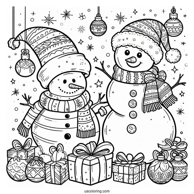 Santa And Snowman To Color With Ornaments And Presents
