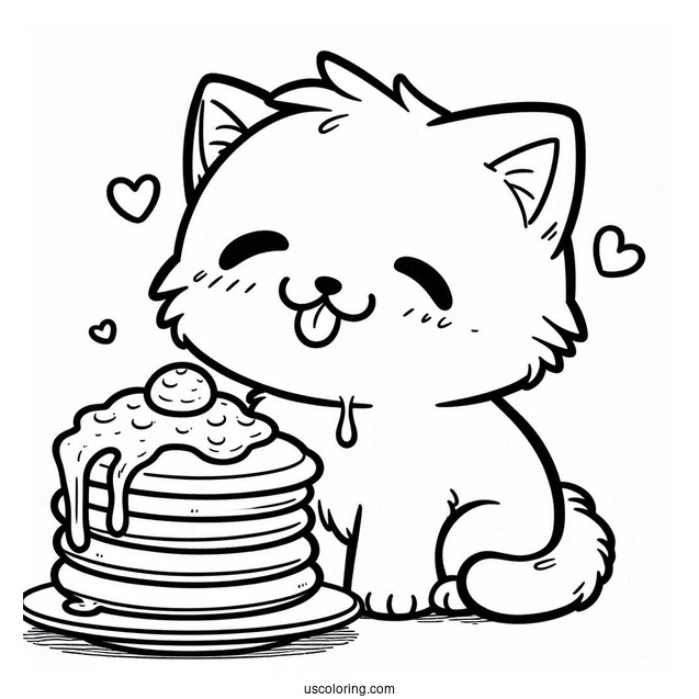 Cute Cat Drooling Over Pancake Coloring Page