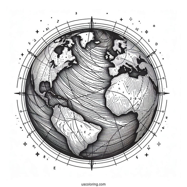 The Earth With Longitude And Latitude Lines Coloring Page