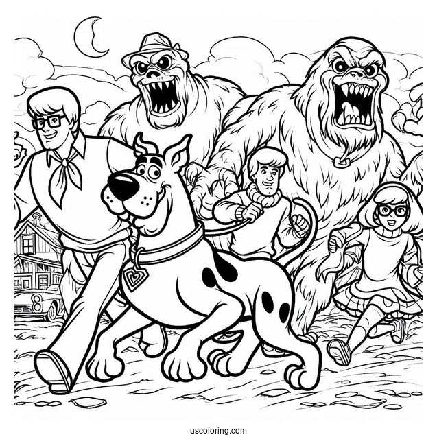 Scooby-Doo Gang Being Chased By Monster To Color