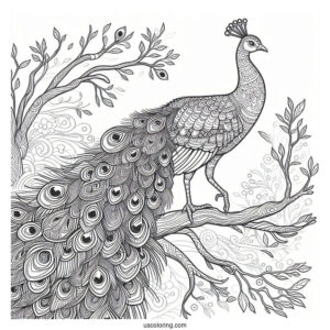 Realistic Peacock Coloring Page on Tree Branch in Forest For Adults