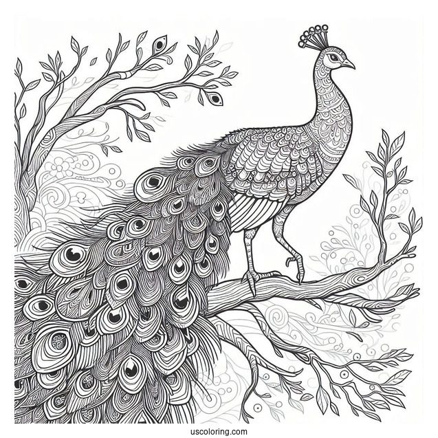 Realistic Peacock Coloring Page on Tree Branch in Forest For Adults