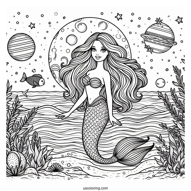 Mermaid Barbie In Ocean Coloring Sheet