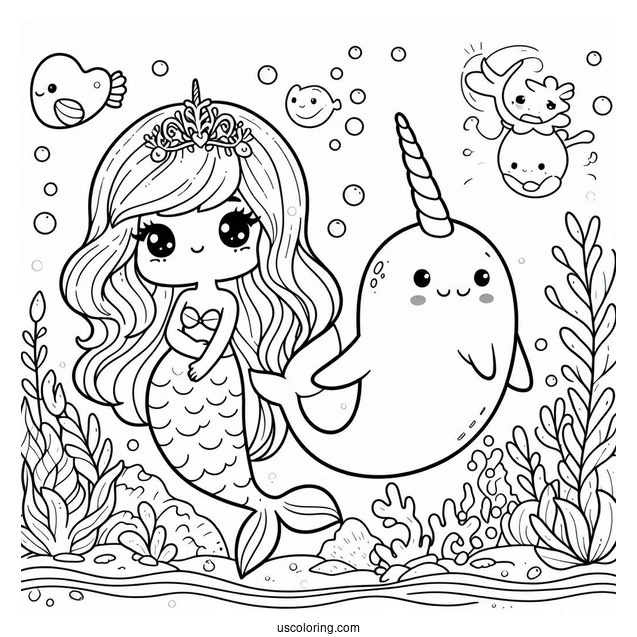 Kawaii Mermaid And Narwhal Coloring Page Under The Sea