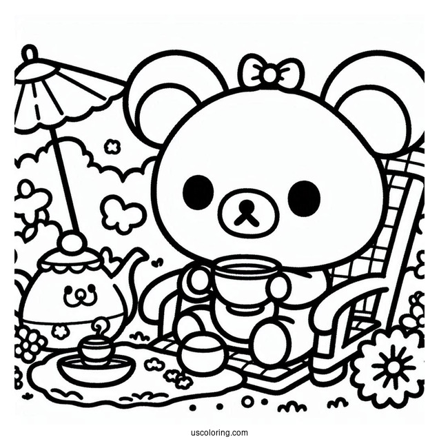 Rilakkuma Coloring Page Of Easy Chairoikoguma Having Tea In The Garden For Preschoolers