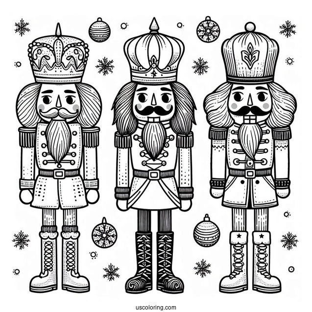 Nutcracker Coloring Page Wearing Different Hats With Snow In The Background