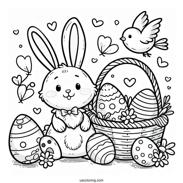 Cartoon Easter Bunny Coloring Page And Chick With Easter Eggs In Basket