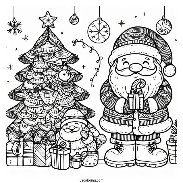 Santa Claus With Christmas Tree Coloring Page