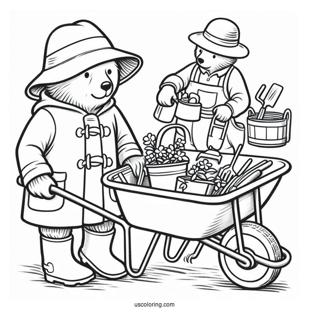 Paddington Coloring Page Pushing A Wheelbarrow Full Of Gardening Tools