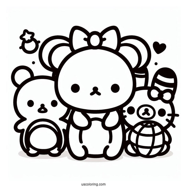 Simple Rilakkuma Coloring Page Outline With Kiiroitori, Korilakkuma, And Chairoikoguma For Preschoolers