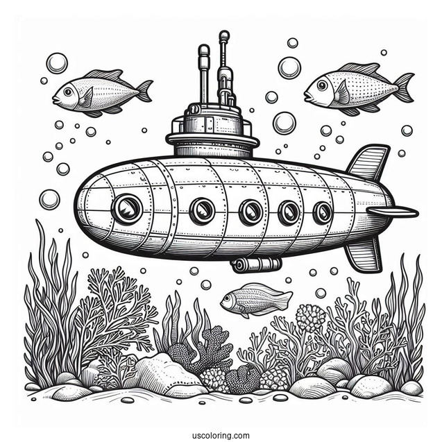 Realistic Deep Sea Submarine Coloring Page With Fish