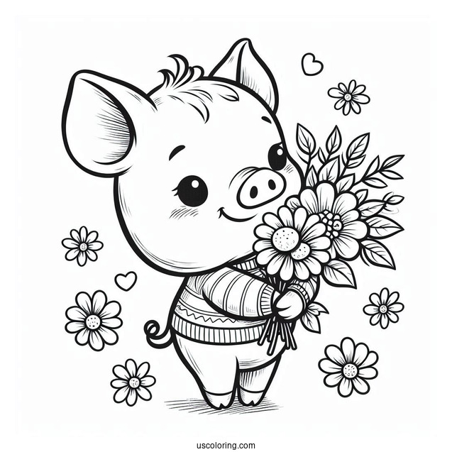 Easy Piglet Coloring Page Holding Flowers For Kids