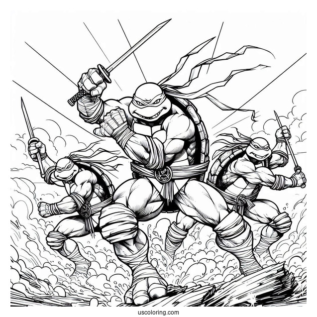 Ninja Turtles Coloring Page Of Raphael, Donatello, Michelangelo, And Leonardo Charging At Enemy