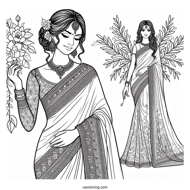 Indian Woman Wearing Elegant Sari Dress Coloring Page
