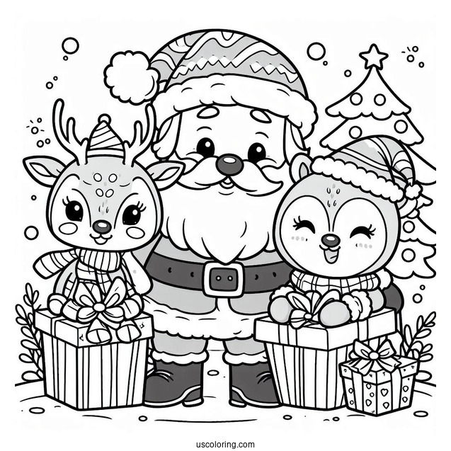 Cute Santa And Rudolph With Presents Coloring Page