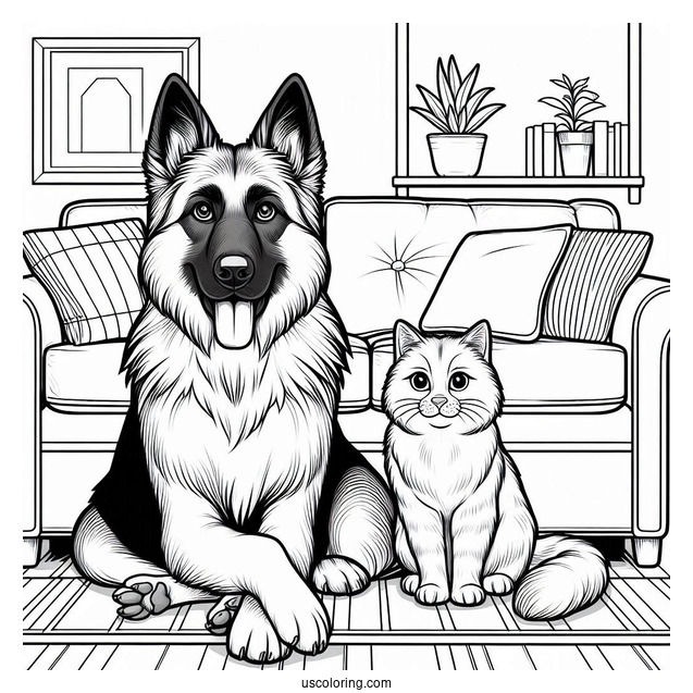 German Shepherd And Cat Sitting On Couch