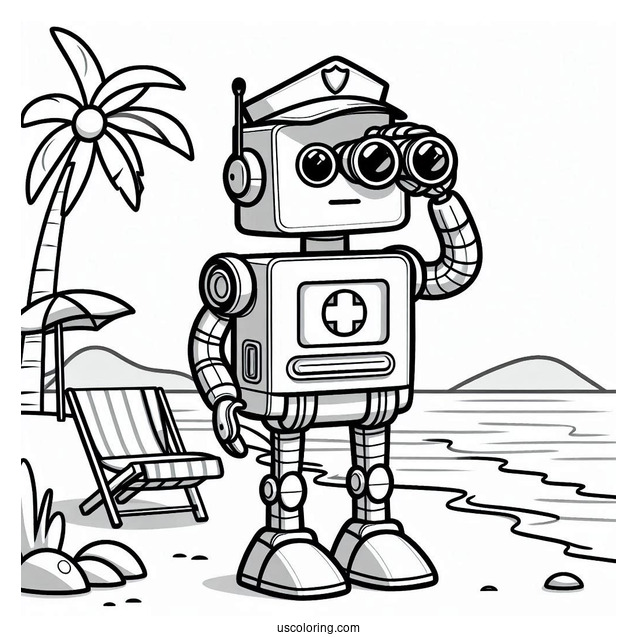 Robot Lifeguard With Binoculars At The Beach
