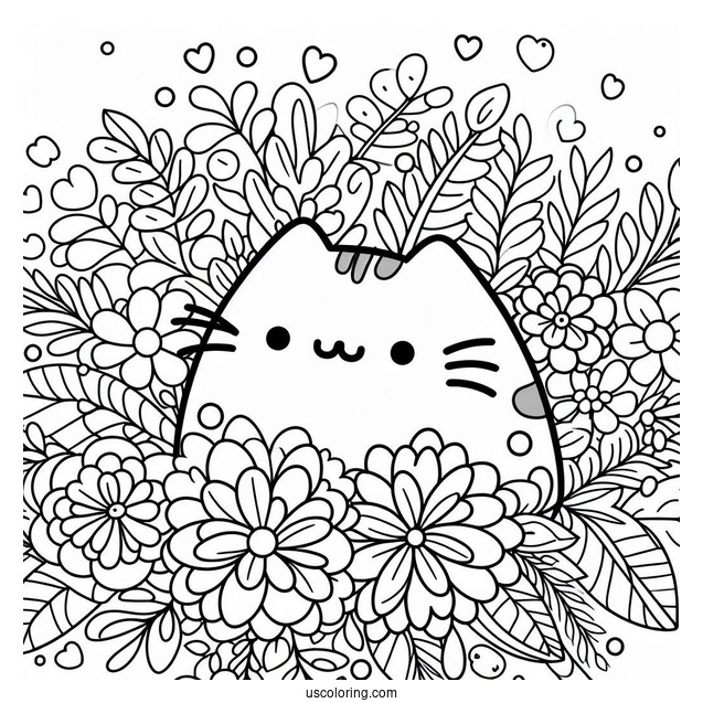 Floral Themed Pusheen Coloring Page For Adults