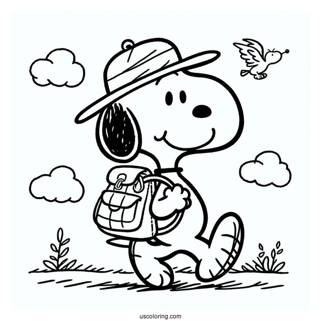 Snoopy Walking With a Knapsack To Color