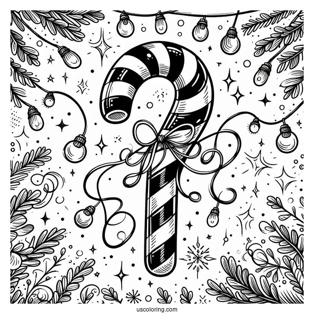 Easy Candy Cane Coloring Page Surrounded By Christmas Lights