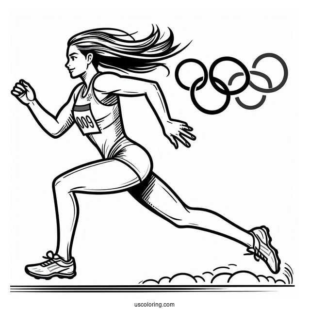 Athlete Running With Olympics Coloring Page Of Logo Above Her