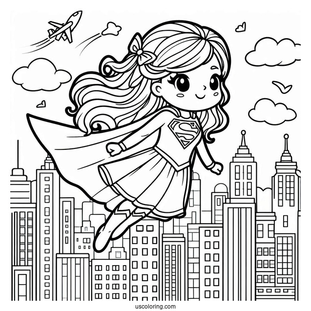 Cute Supergirl Coloring Page Flying Through The City For Preschoolers