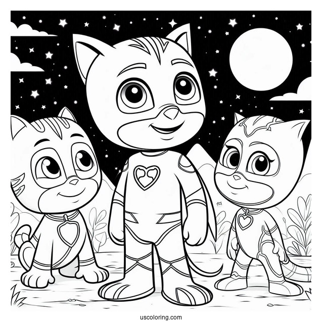PJ Masks Coloring Page Of Gekko, Catboy, And Owelette In The Night Sky