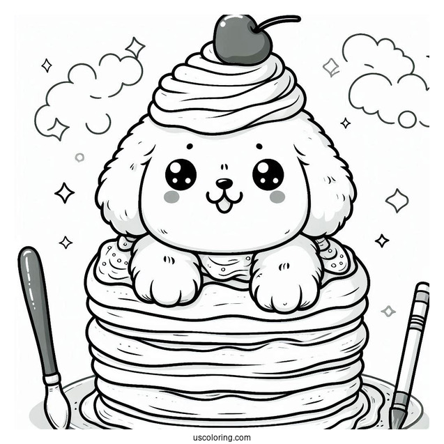 Cartoon Puppy Topping On Fluffy Pancake Coloring Page