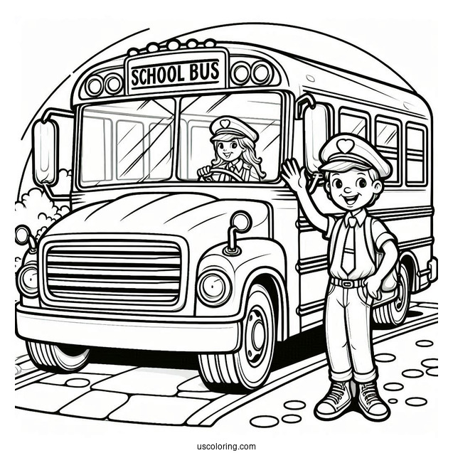 Friendly School Bus Coloring Page Driver Waving
