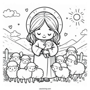 Easy Cute Cartoon Jesus With Lambs Coloring In