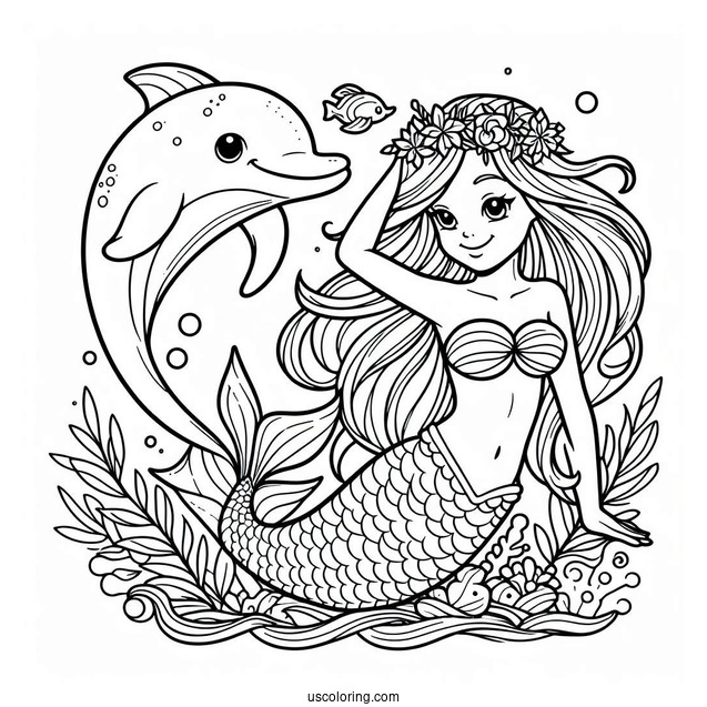 Mermaid And Dolphin Coloring Page