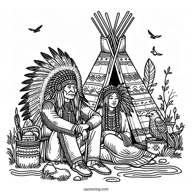 Native American Coloring Page Chief And His Wife Sitting Outside Tepee