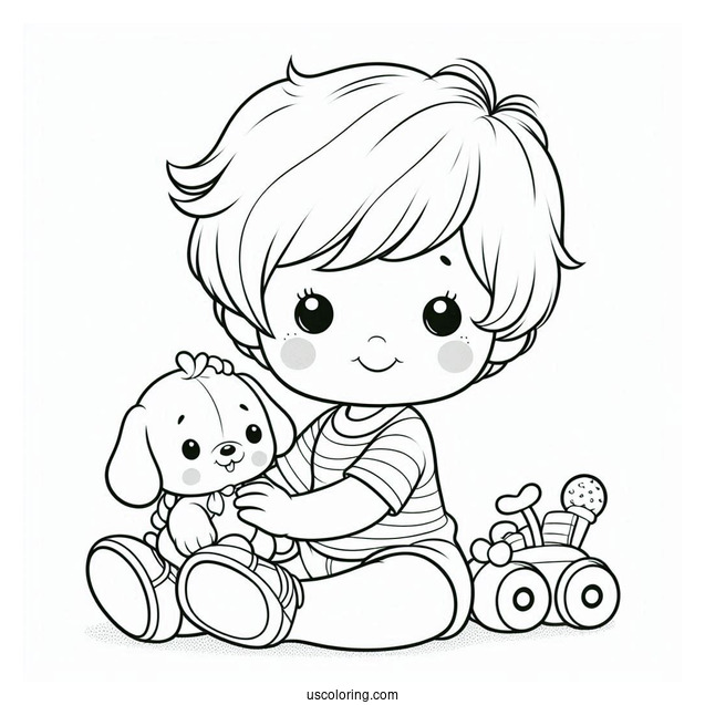 Precious Moments Coloring Page Of Little Boy With Toy Dog For Kids