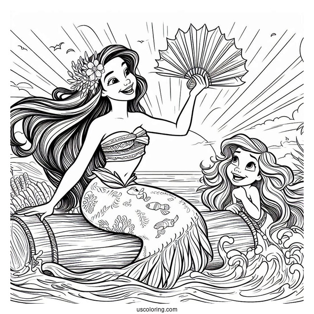 Moana And Ariel At Sea Coloring In