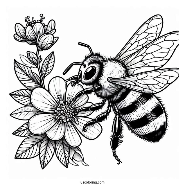 Realistic Bee Coloring Page Sucking Flower Nectar