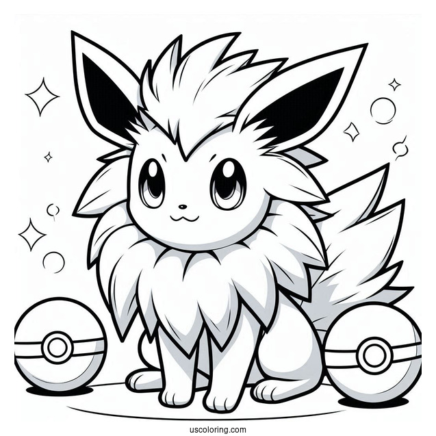 Cute Jolteon Coloring Page With Pokeballs In Background For Kids