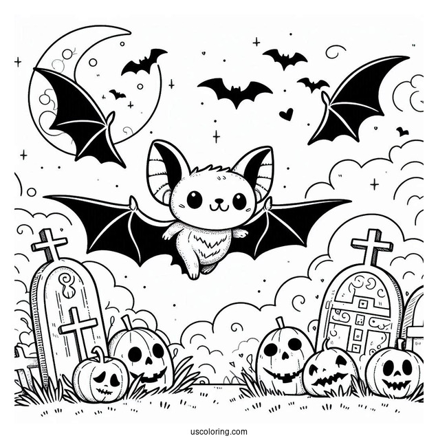 Large Bat Coloring Page Flying Over Tombstones Halloween