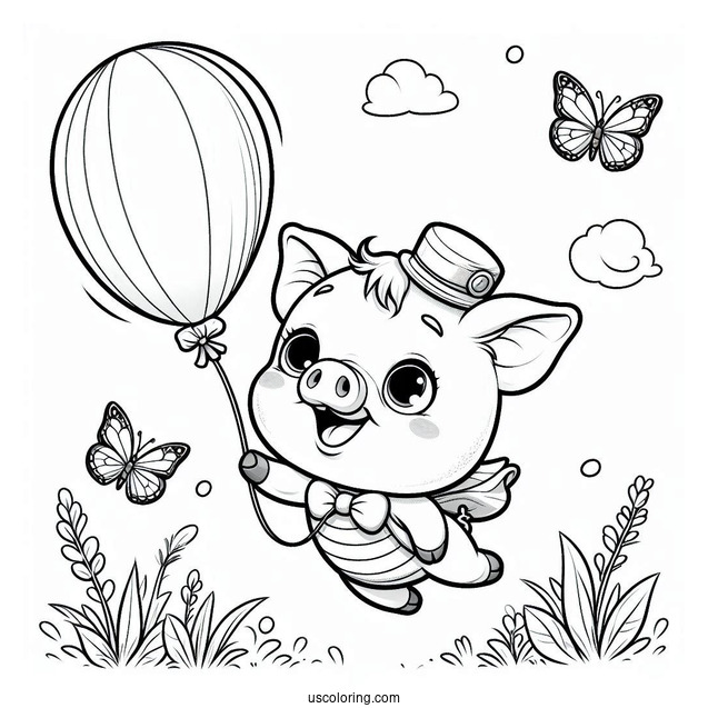 Piglet Coloring Page In The Air Clinging To A Balloon