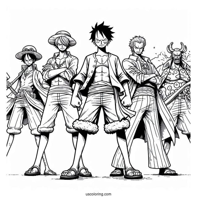 One Piece Coloring Page Of Luffy, Zoro, Sanji, Usopp, And Nami For Kids