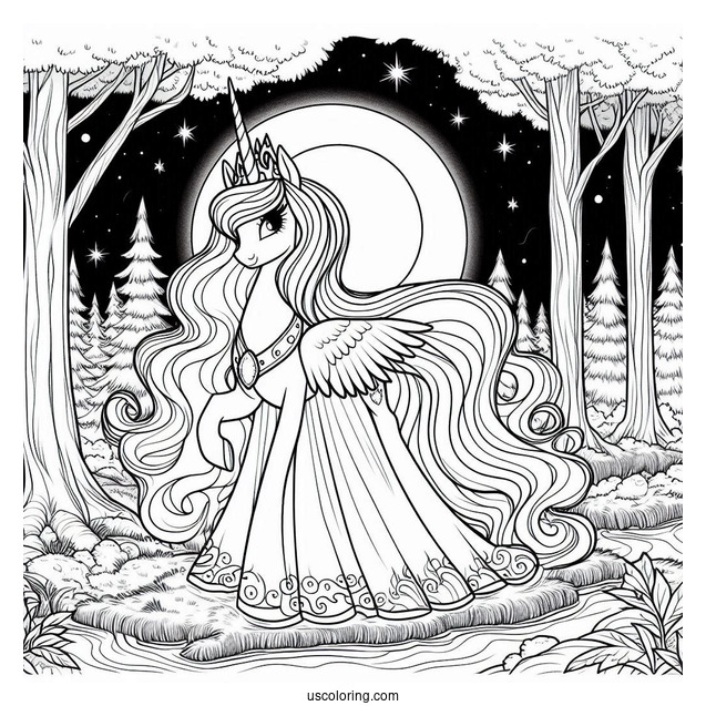 Princess Luna Coloring Page In The Forest At Night