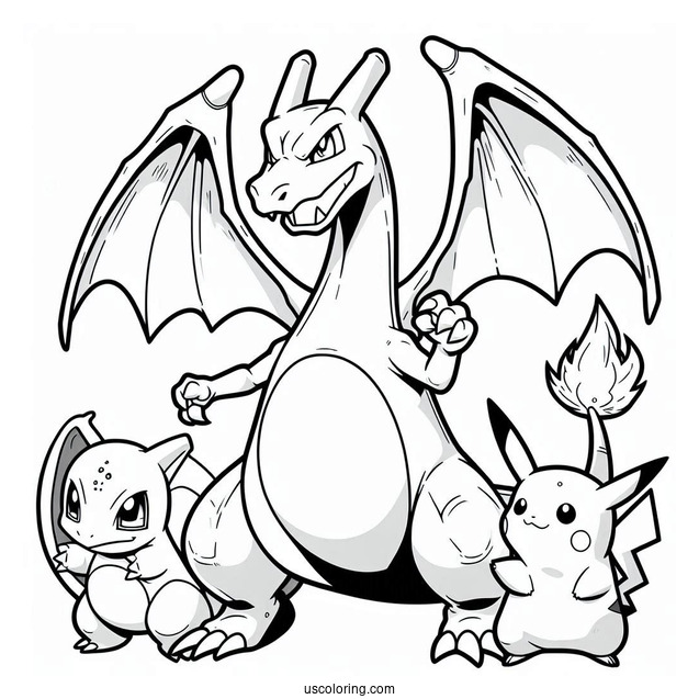Charizard With Blastoise And Pikachu Coloring Sheet