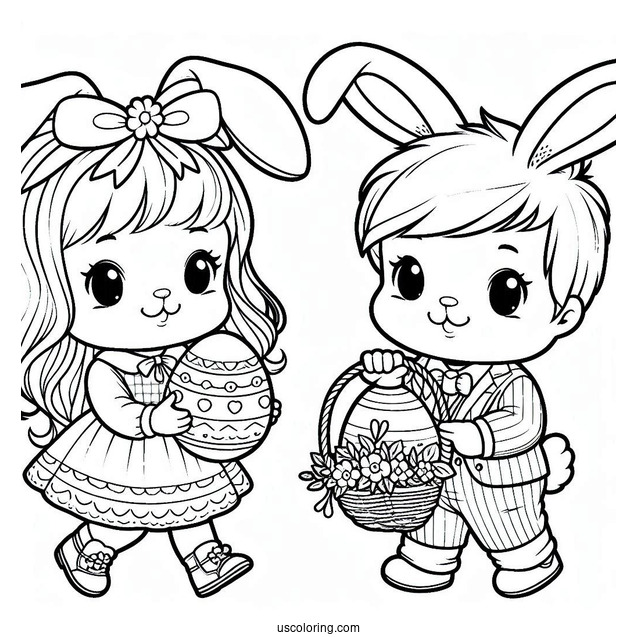 Girl And Boy Easter Bunny Coloring Page Carrying Easter Egg With Bow