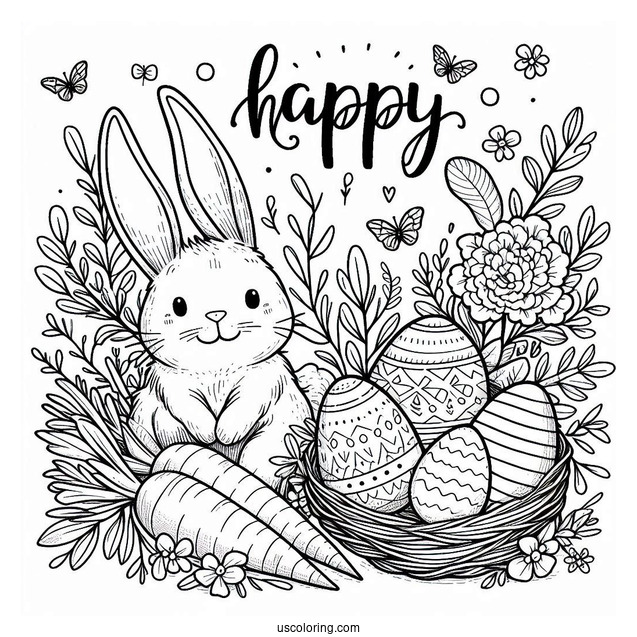 Happy Easter Coloring Page Bunny Ears, Eggs, And Carrot