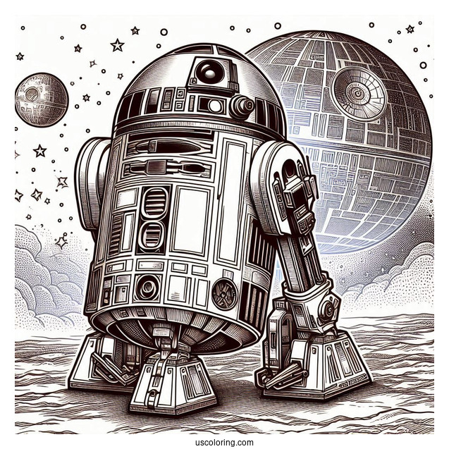 Realistic R2-D2 Coloring Page Outline On A Planet