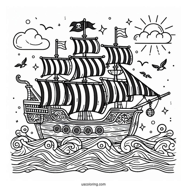 Easy Cute Pirate Ship Coloring Page With Waves For Preschoolers