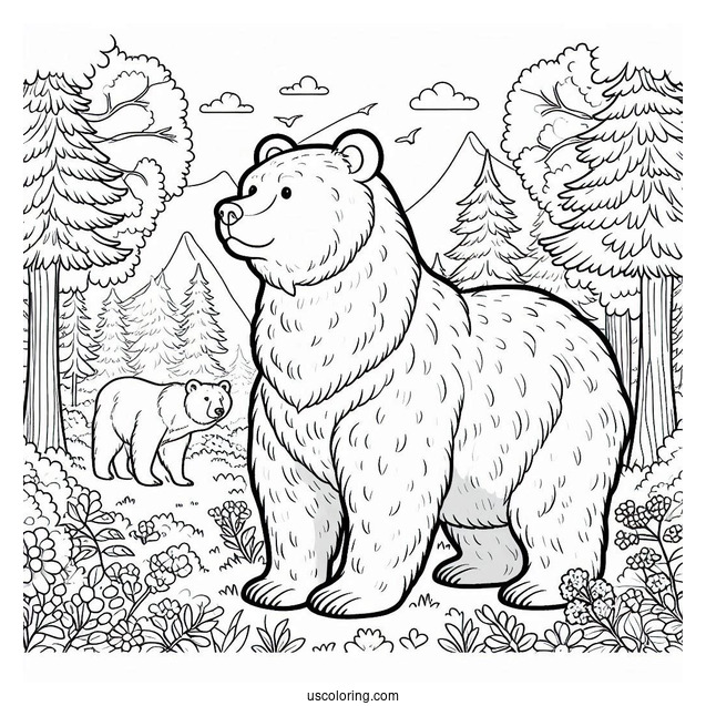 Easy Adult Bear Coloring Page Standing In Forest For Kids
