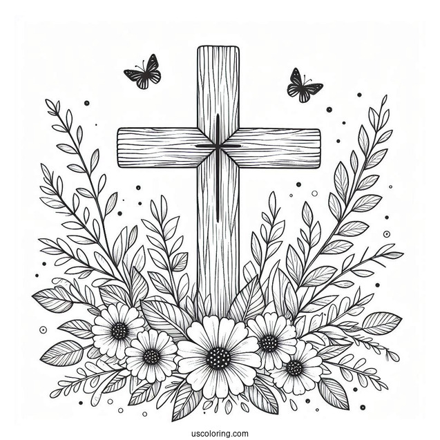 Simple Wooden Cross Coloring Page With Flowers And Leaves Outdoors For Kids