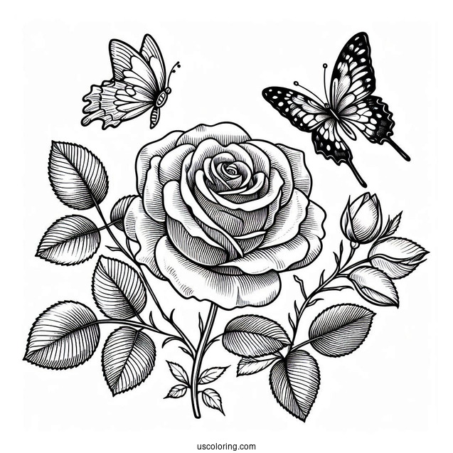 Beautiful Roses With Butterflies To Color