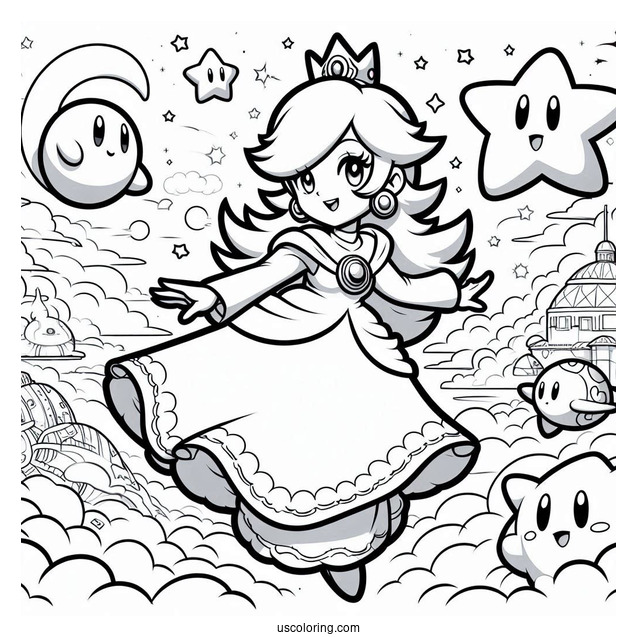 Rosalina Flying In The Sky With Luma, Mario, And Star Fox Coloring Sheet